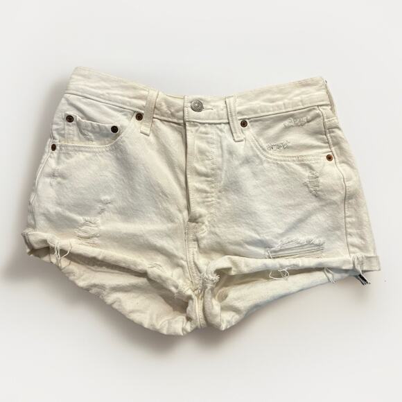 Levi 501 Womens White Denim Shorts High Rise Raw Hem Size 12 (32” Waist) - Picture 2 of 6